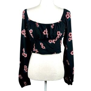 Wild Fable Black & Pink Boho Floral Festival Long Sleeve Cropped Top Size Medium